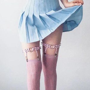 Genuine Leather Pink and Black Studded Heart Ring Thigh Leg Garter Belt